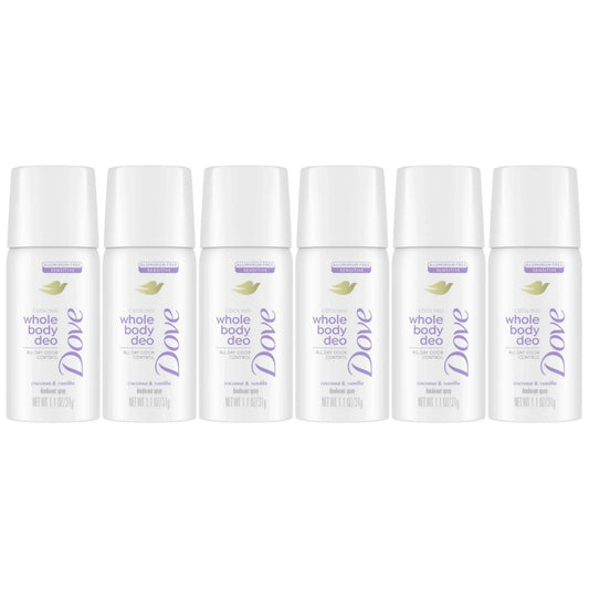 Dove Whole Body Deodorant Spray, Coconut & Vanilla, Travel Size, 1oz, 6-Pack -