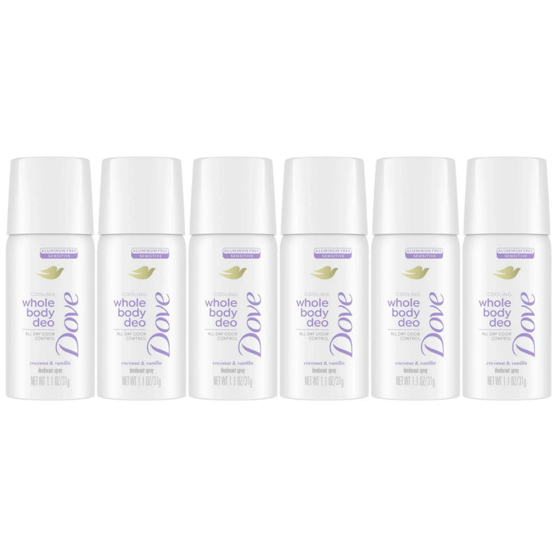 Dove Whole Body Deodorant Spray, Coconut & Vanilla, Travel Size, 1oz, 6-Pack