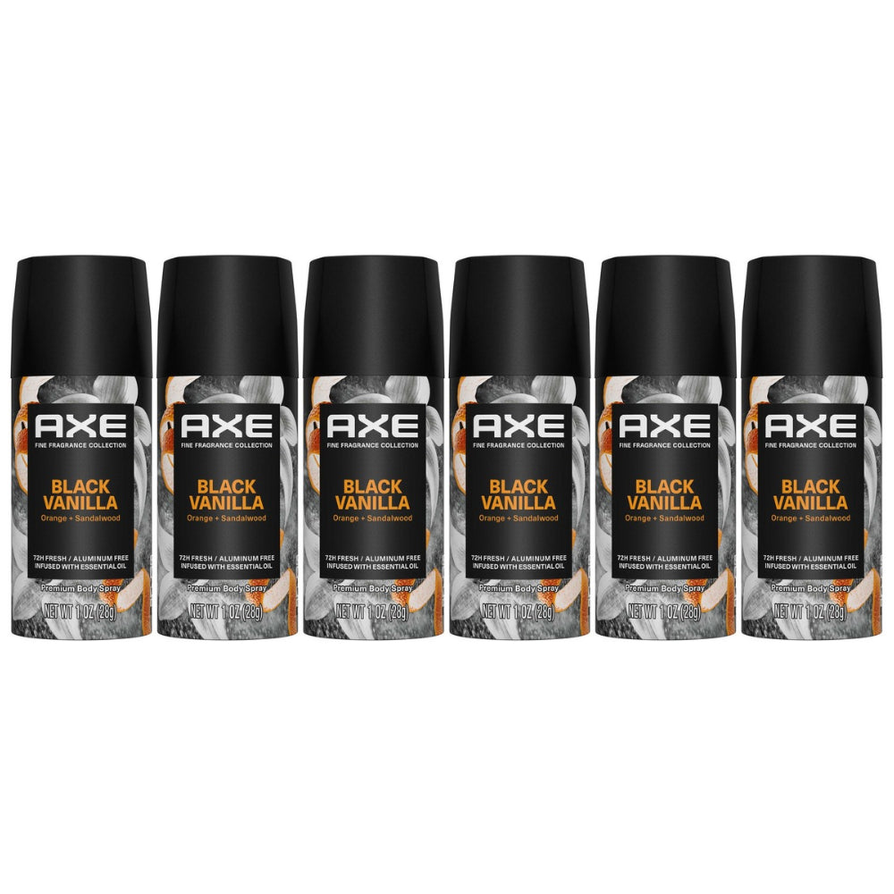AXE Fine Fragrance Collection Premium Body Spray, Black Vanilla Orange + Sandalwood,Travel Size, 1oz, 6-Pack -