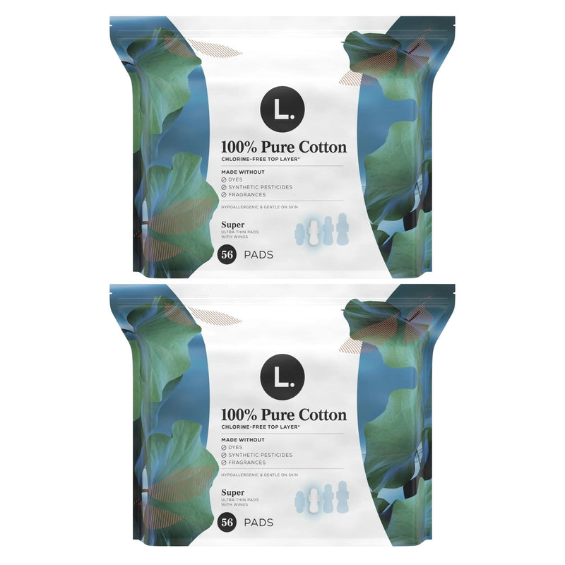 L. Ultra Thin Pads with Wings, Super, 100% Pure Cotton Top Layer, 56 Count