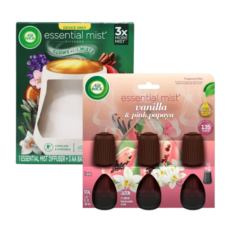 Air Wick Essential Mist Diffuser Starter Kit – White Diffuser + 3 Vanilla & Pink Papaya Refills