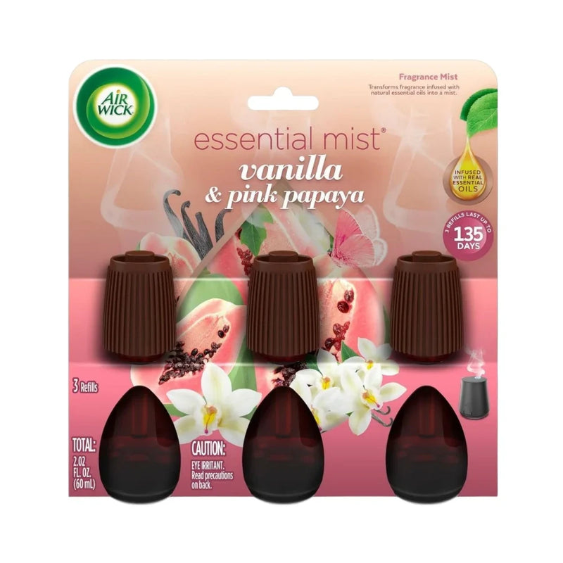Air Wick Essential Mist Diffuser Starter Kit – White Diffuser + 3 Vanilla & Pink Papaya Refills