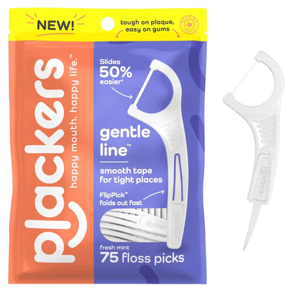 Plackers Gentle Line Floss Picks with Fold-Out FlipPick, Fresh Mint, 75 Count -