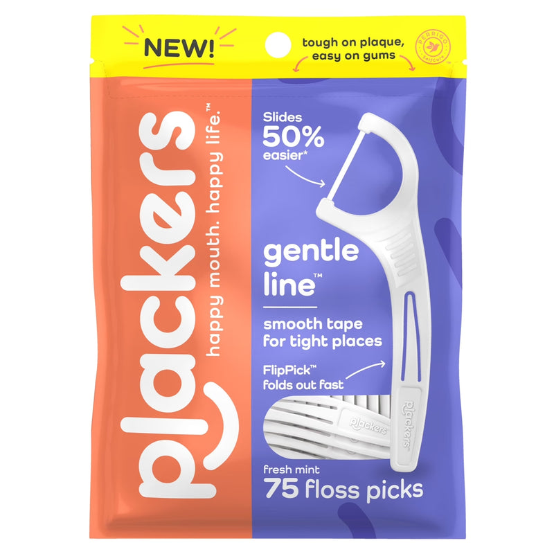 Plackers Gentle Line Floss Picks with Fold-Out FlipPick, Fresh Mint, 75 Count