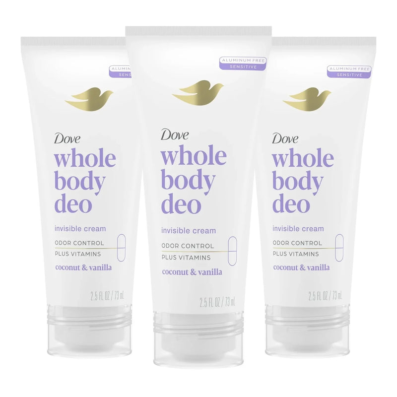 Dove Whole Body Deodorant Invisible Cream, Coconut & Vanilla, 2.5oz