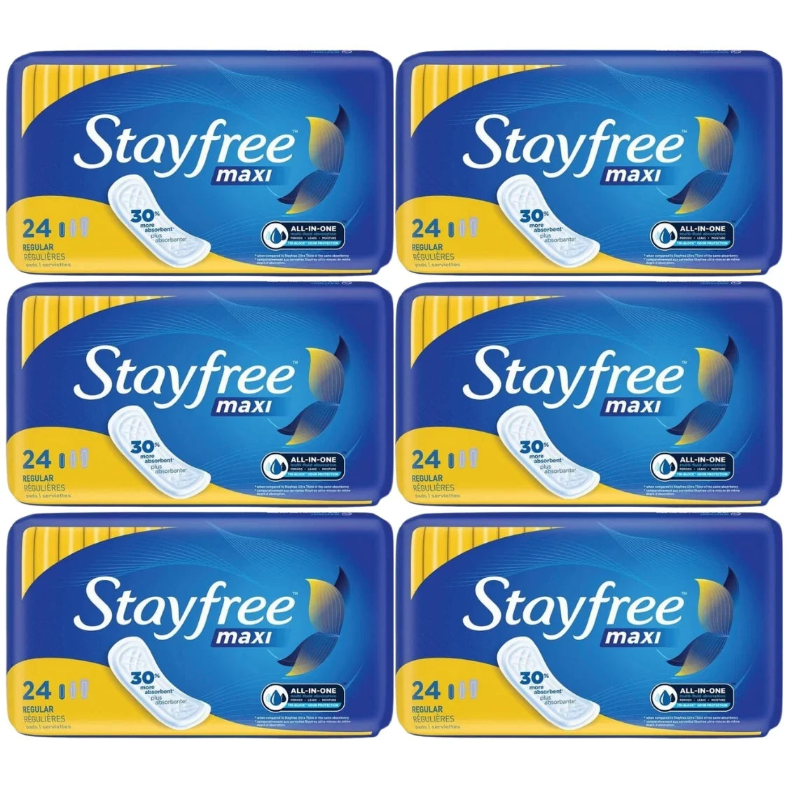 Stayfree Maxi Regular Pads Without Wings, 24 Count, 6-Pack