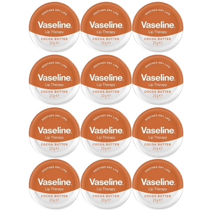 Vaseline Lip Therapy Lip Balm Tin, Cocoa Butter, 0.7 oz (20g), 12-Pack