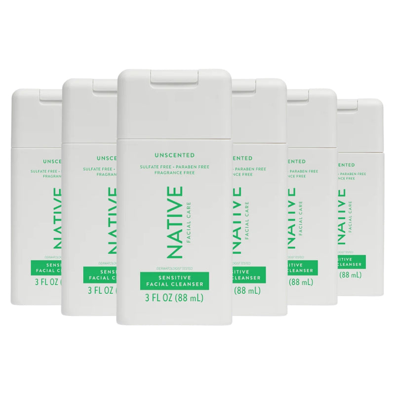 Native Sensitive Facial Cleanser, Unscented, Travel Size, 3oz, 6-Pack