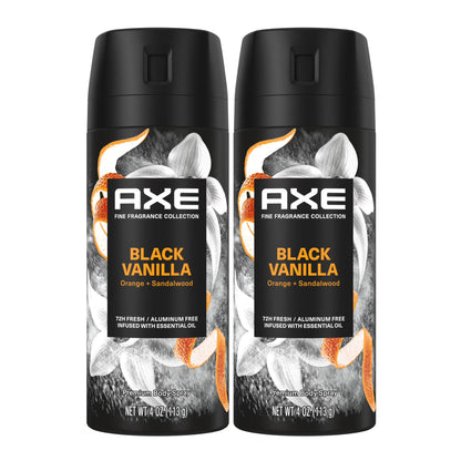 AXE Fine Fragrance Collection Premium Body Spray, Black Vanilla Orange + Sandalwood, 4oz, 2-Pack -