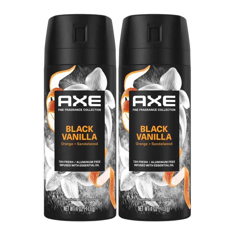 AXE Fine Fragrance Collection Premium Body Spray, Black Vanilla Orange + Sandalwood, 4oz, 2-Pack