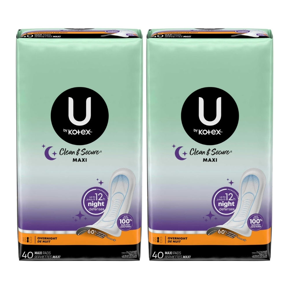 U by Kotex Clean & Secure Maxi Pads, Overnight, 40 Count -
