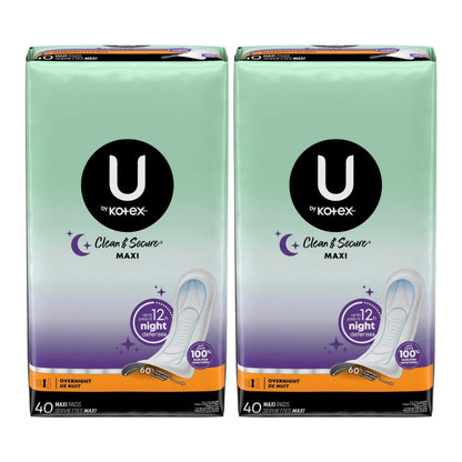 U by Kotex Clean & Secure Maxi Pads, Overnight, 40 Count -
