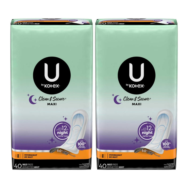 U by Kotex Clean & Secure Maxi Pads, Overnight, 40 Count