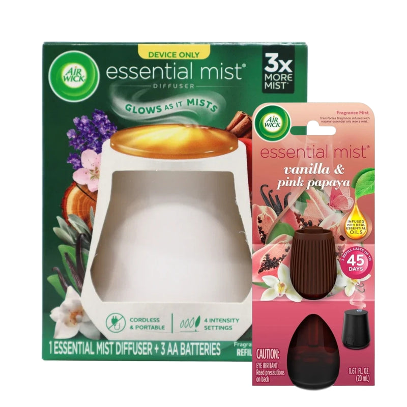 Air Wick Essential Mist Diffuser Starter Kit, White Diffuser + Vanilla & Pink Papaya Refills