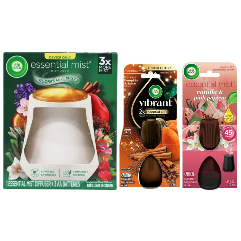 Air Wick Essential Mist Starter Kit, White Diffuser + Harvest Pumpkin & Spice + Vanilla & Pink Papaya Refills