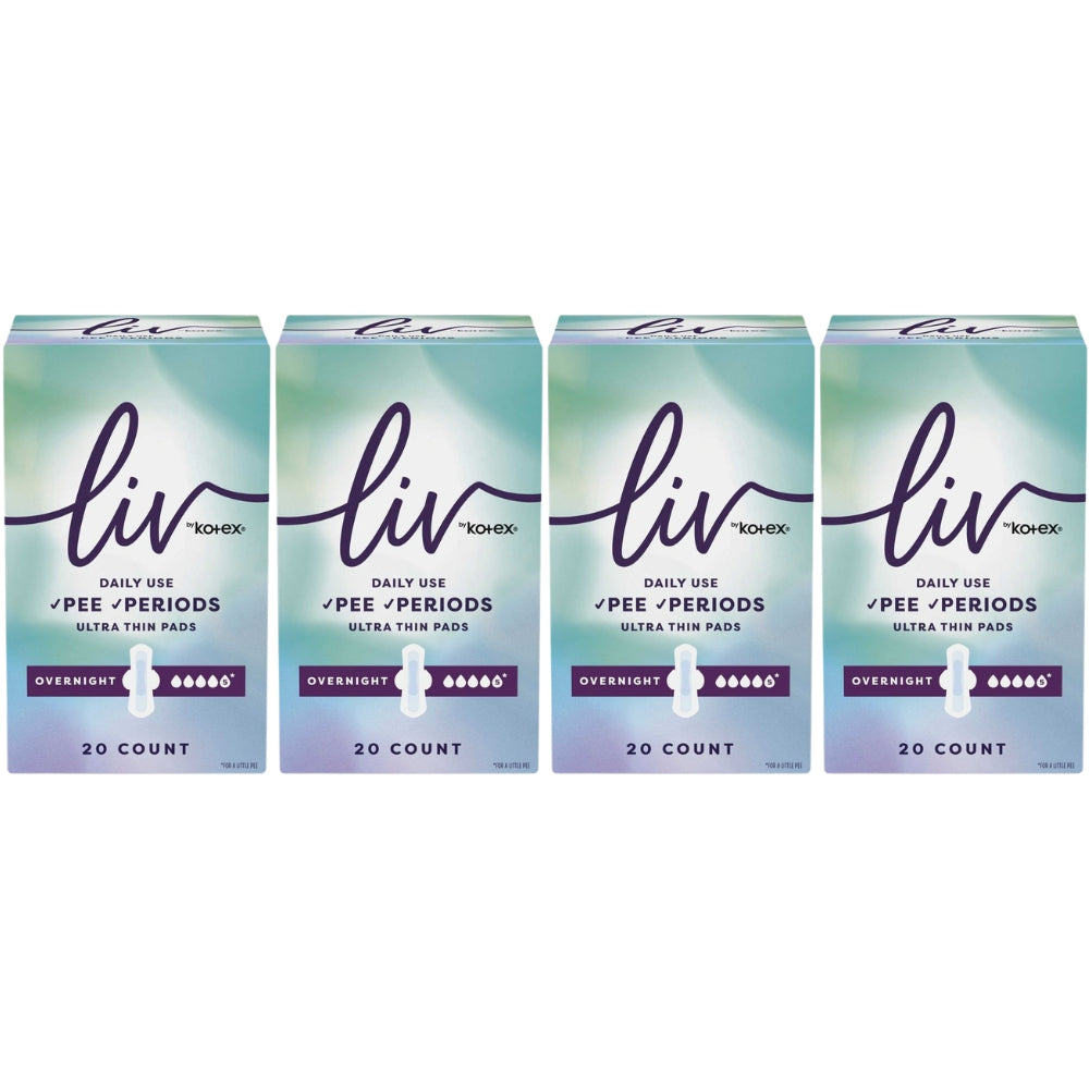 Liv by Kotex Period & Pee Pads, Ultra Thin, Overnight, 20 Count, 4-Pack