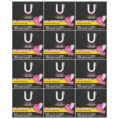 U by Kotex Balance Daily Liners, Regular, 18 Count, 12-Pack