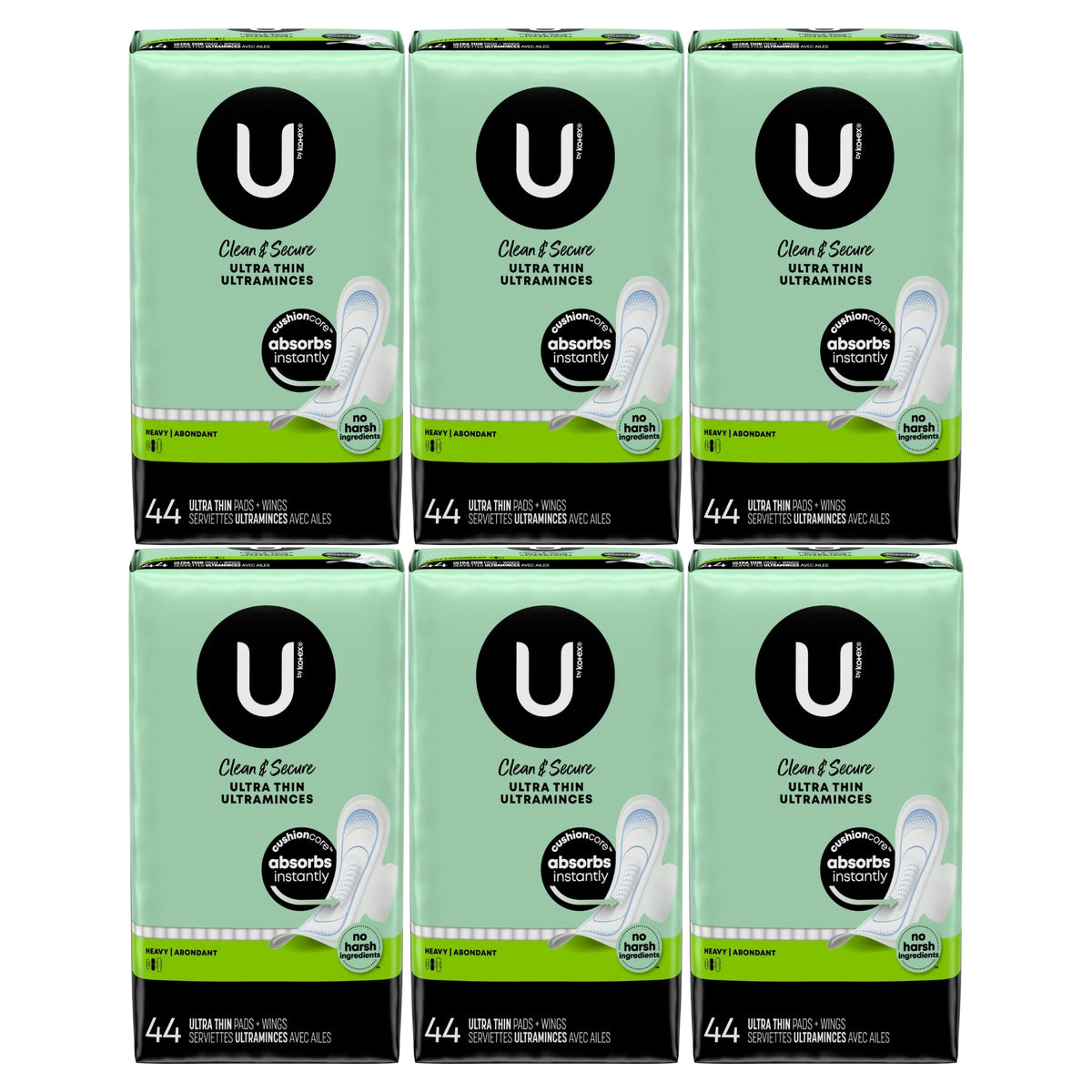 U by Kotex Clean & Secure Ultra Thin Pads with Wings, Heavy, 44 Count, 6-Pack