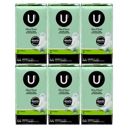U by Kotex Clean & Secure Ultra Thin Pads with Wings, Heavy, 44 Count, 6-Pack