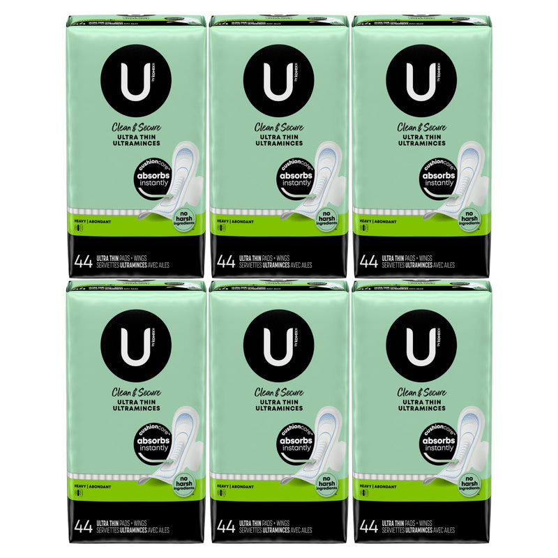 U by Kotex Clean & Secure Ultra Thin Pads with Wings, Heavy, 44 Count