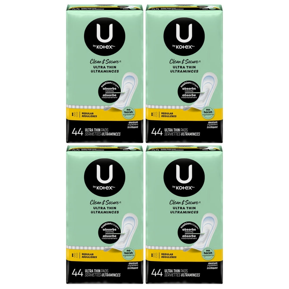 U by Kotex Clean & Secure Ultra Thin Pads with Wings, Regular, 44 Count, 4-Pack