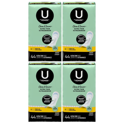 U by Kotex Clean & Secure Ultra Thin Pads with Wings, Regular, 44 Count, 4-Pack