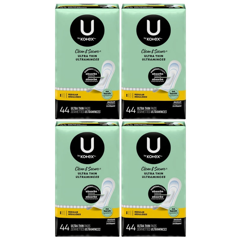 U by Kotex Clean & Secure Ultra Thin Pads with Wings, Regular, 44 Count