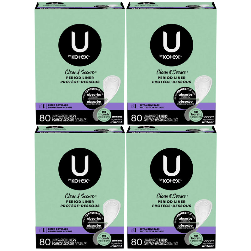 U by Kotex Clean & Secure Period Liners, Extra Coverage, 80 Count