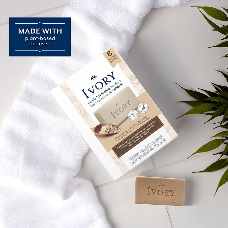 Ivory Gentle Exfoliating Bar Soap, Warm Vanilla + Oat Milk, 3.17oz, 8 Count