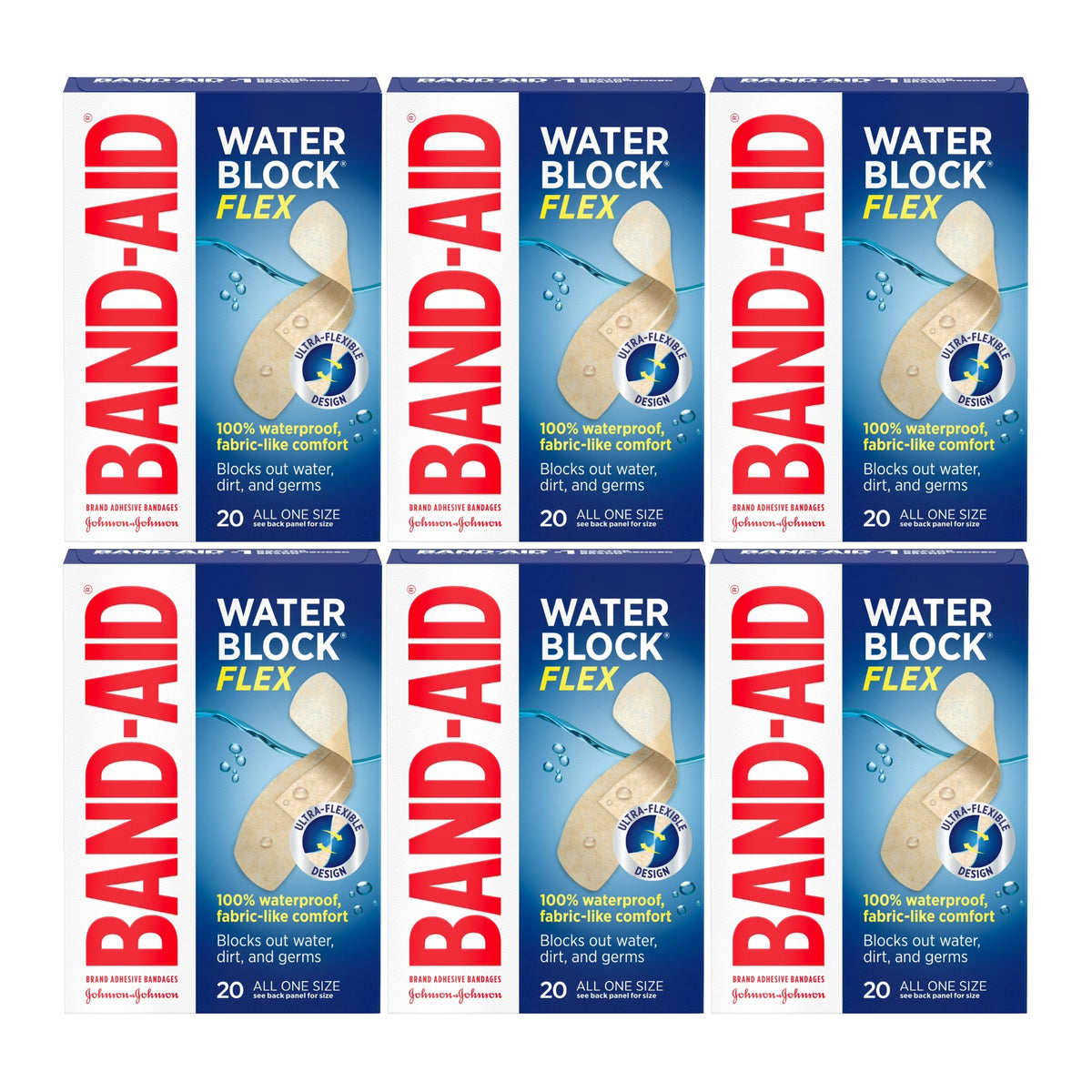 Band-Aid Water Block Flex Waterproof Adhesive Bandages, 20 Count, 6-Pack
