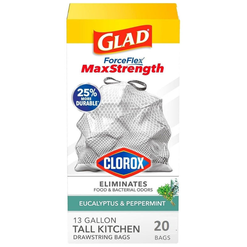 Glad ForceFlex MaxStrength Tall Trash Bags, Clorox Eucalyptus & Peppermint, 13 Gallon, 20 Count