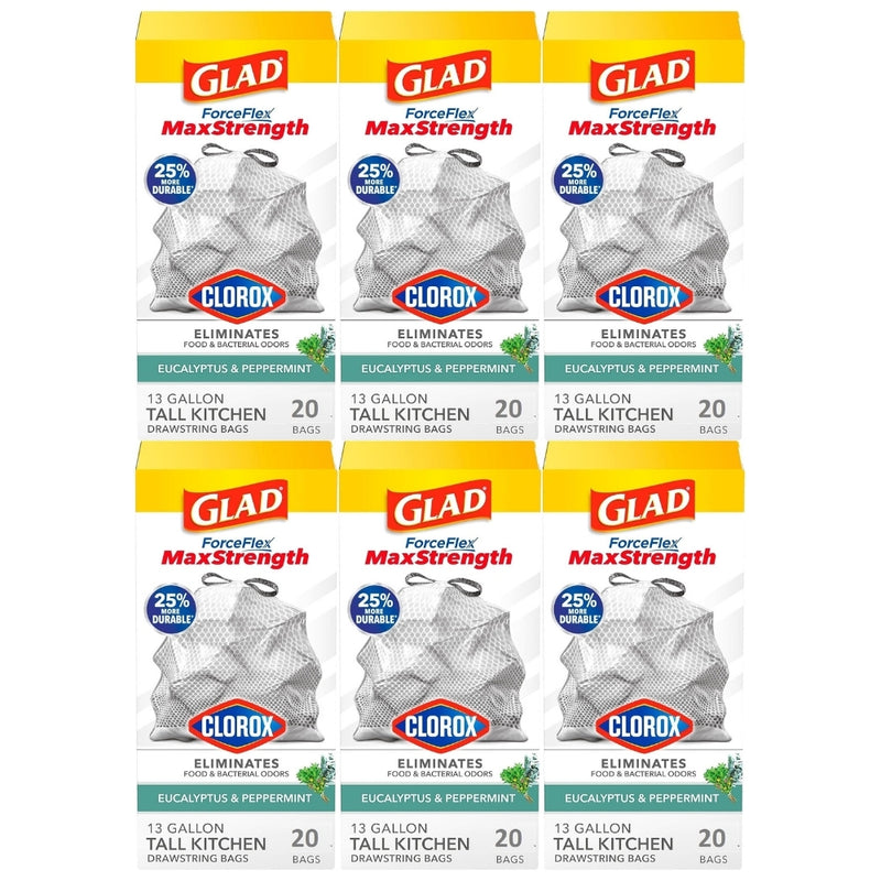 Glad ForceFlex MaxStrength Tall Trash Bags, Clorox Eucalyptus & Peppermint, 13 Gallon, 20 Count