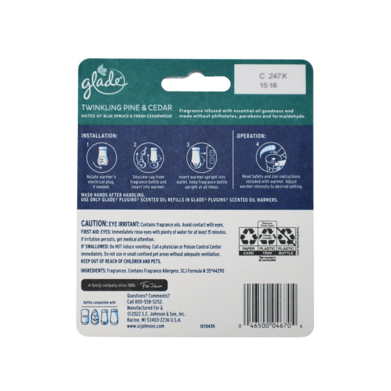 Glade PlugIns Scented Oil Air Freshener Refills, Twinkling Pine & Cedar, 0.67 oz, 2 Count