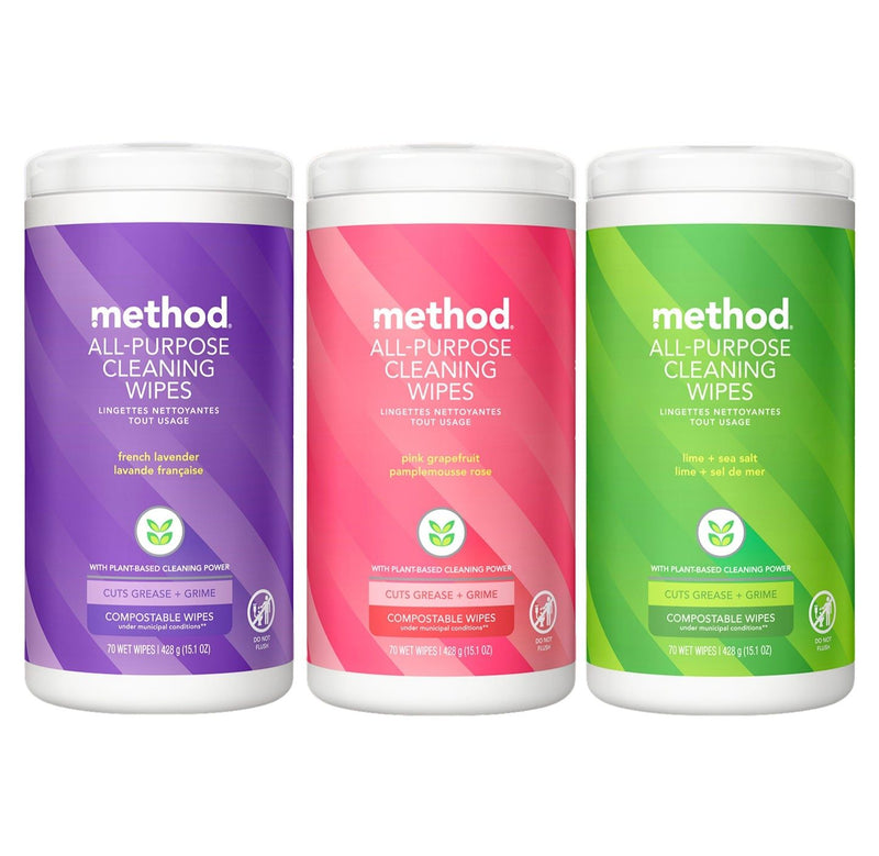 Method All-Purpose Cleaning Wipes Variety Pack, 70 Count – French Lavender, Lime + Sea Salt, Pink Grapefruit