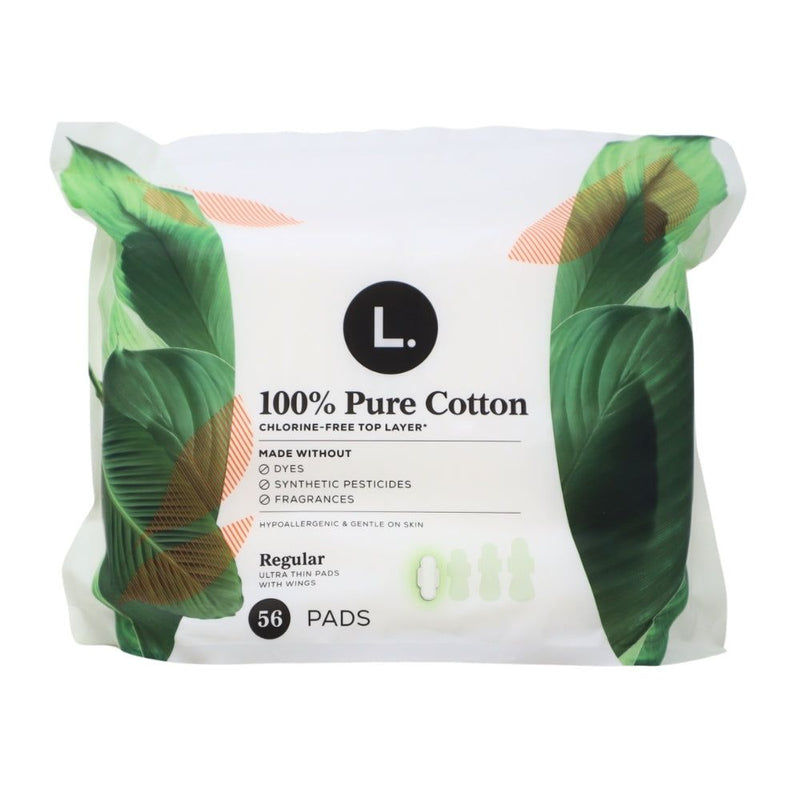 L. Ultra Thin Pads with Wings, Regular, 100% Pure Cotton Top Layer, 56 Count