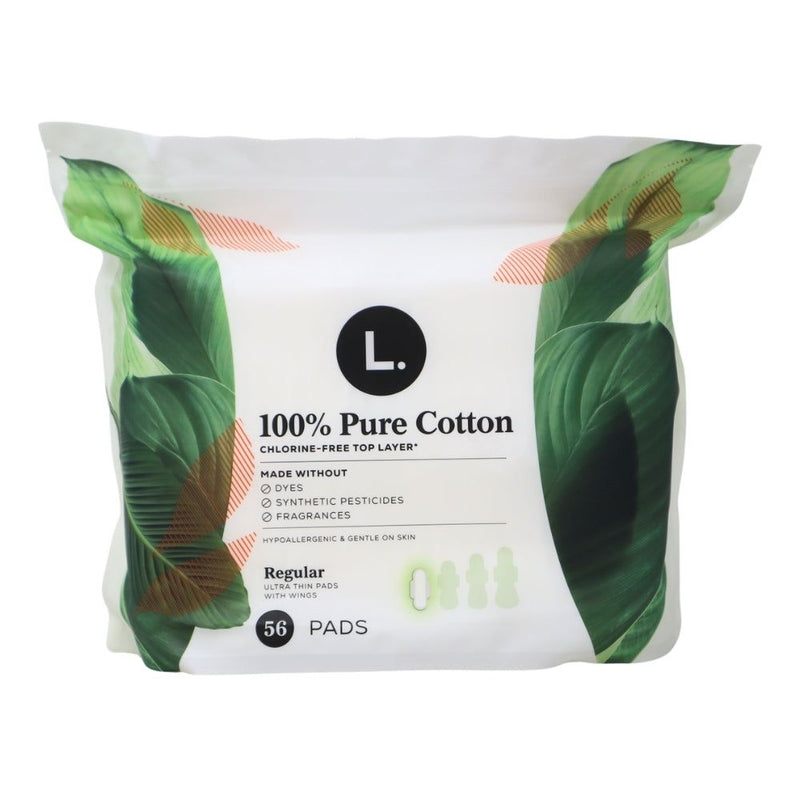 L. Ultra Thin Pads with Wings, Regular, 100% Pure Cotton Top Layer, 56 Count