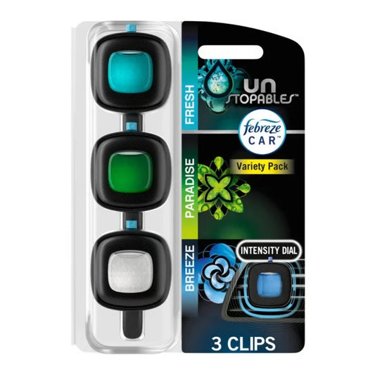 Febreze Unstopables Car Vent Clip, 3-Count Variety Pack, Fresh, Paradise, Breeze -