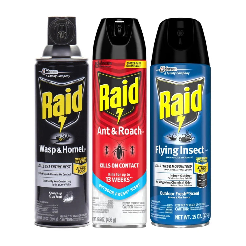 Raid Variety 3 Pack - Wasp & Hornet, Ant & Roach + Flying Insect Killer Spray