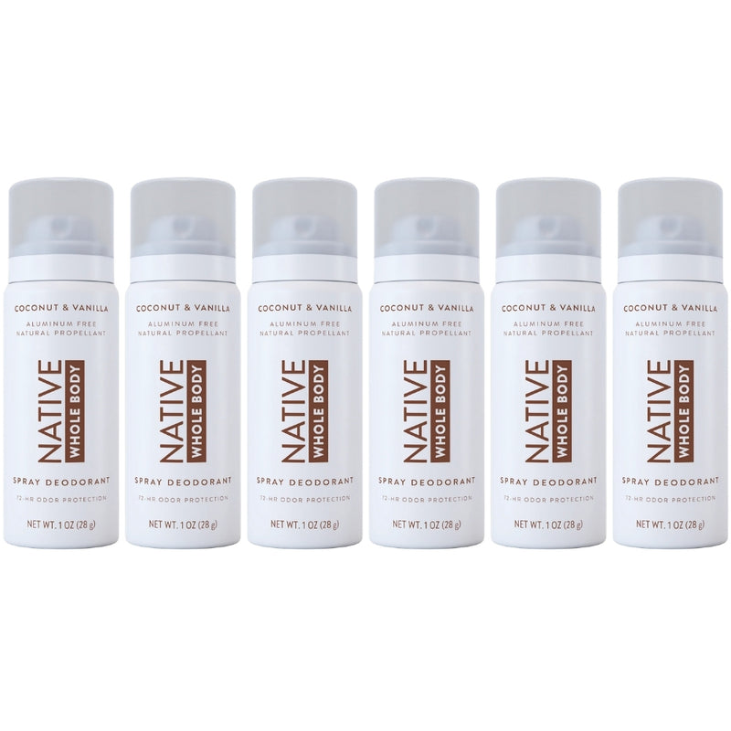 Native Whole Body Deodorant Spray, Coconut & Vanilla, Travel Size, 1oz, 6-Pack