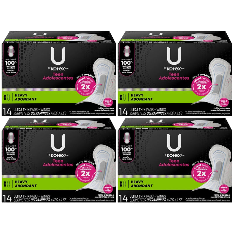 U by Kotex Teen Ultra Thin Pads With Wings, Heavy, 14 Count