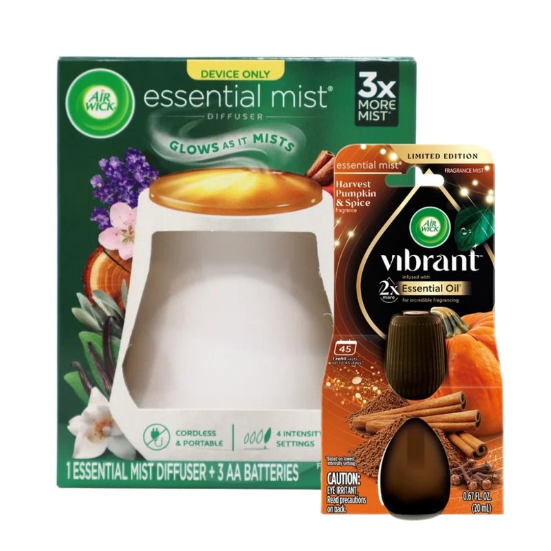 Air Wick Essential Mist Diffuser Starter Kit, White Diffuser + Harvest Pumpkin & Spice Refill