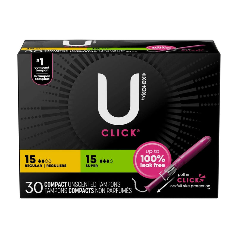 U by Kotex Click Compact Tampons, 15 Regular & 15 Super, Unscented, 30 Count