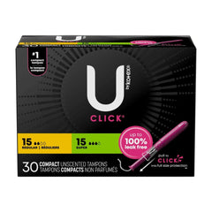 U by Kotex Click Compact Tampons, 15 Regular & 15 Super, Unscented, 30 Count