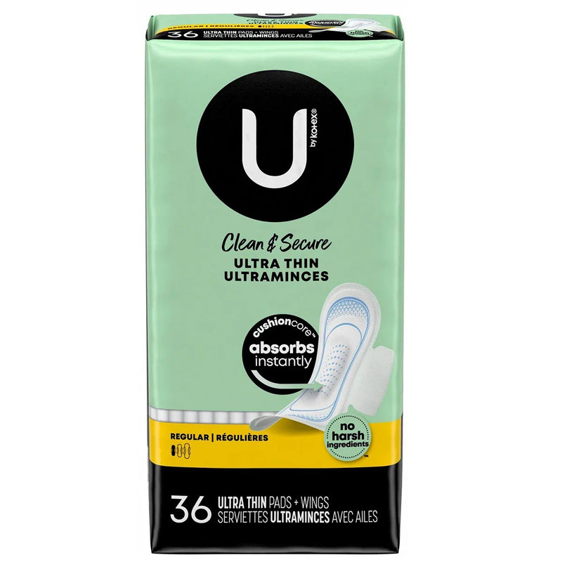 U by Kotex Clean & Secure Ultra Thin Pads with Wings, Regular, 36 Count