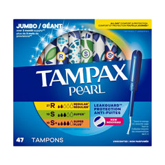 Tampax Pearl Tampons, 27 Regular, 10 Super & 10 Super Plus, Unscented, 47 Count