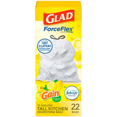 Glad ForceFlex Tall Trash Bags, Gain Febreze Lemon Zest Scent, 13 Gallon, 22 Count