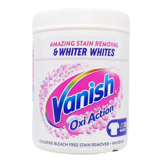 Vanish Oxi Action stain remover powder container for whiter whites and stain removal