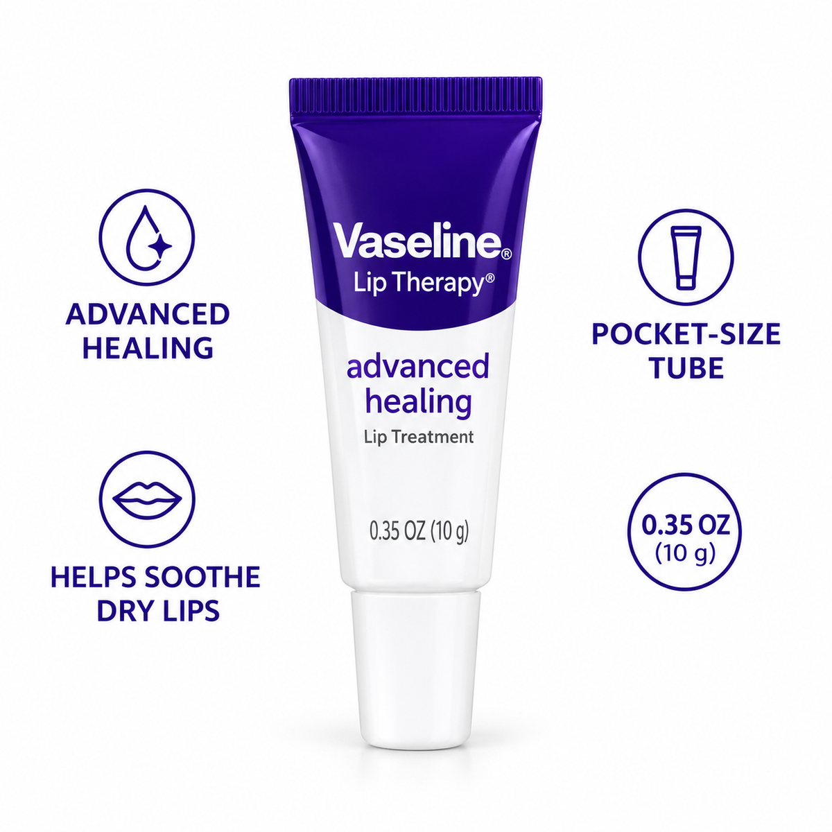 Vaseline Lip Therapy Advanced Healing key features and pocket-size tube
