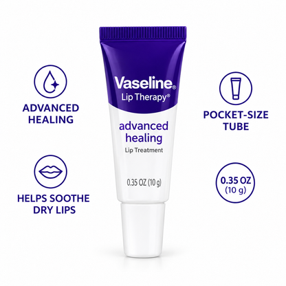 Vaseline Lip Therapy Advanced Healing key features and pocket-size tube