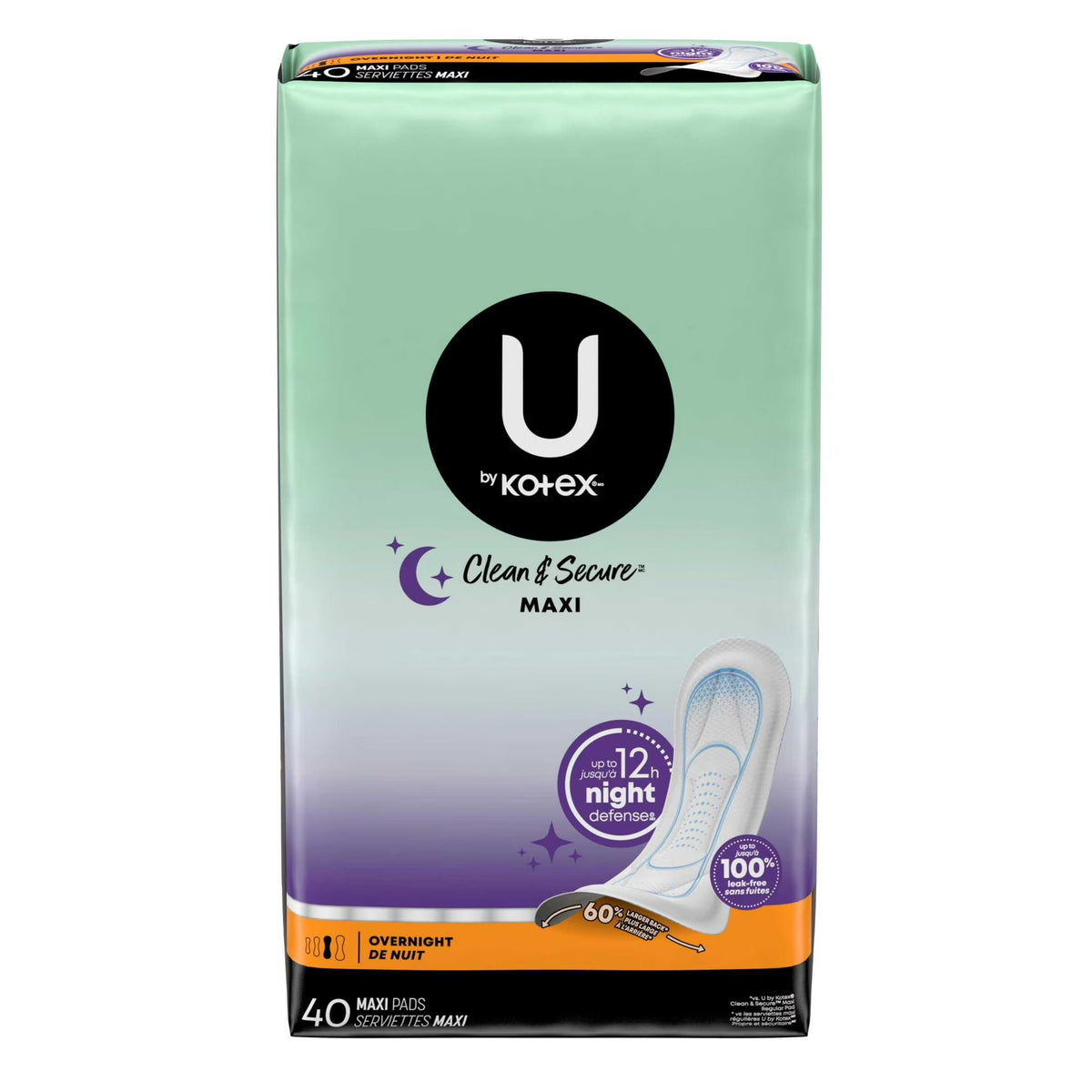 U by Kotex Clean & Secure Maxi Pads, Overnight, 40 Count -